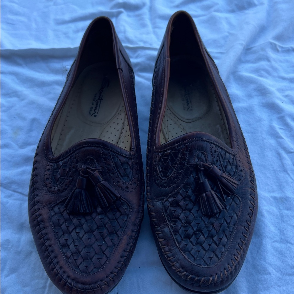 Santoni Dark Brown Woven Leather Loafers
